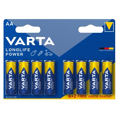 Piles alcalines LR06 (AA) 1,5V Longlife Power (6+2 gratuites) - VARTA